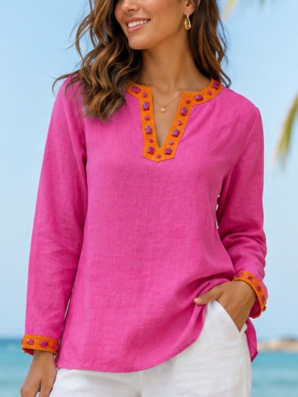 Saint Tropez west Pink Embellished linen Top